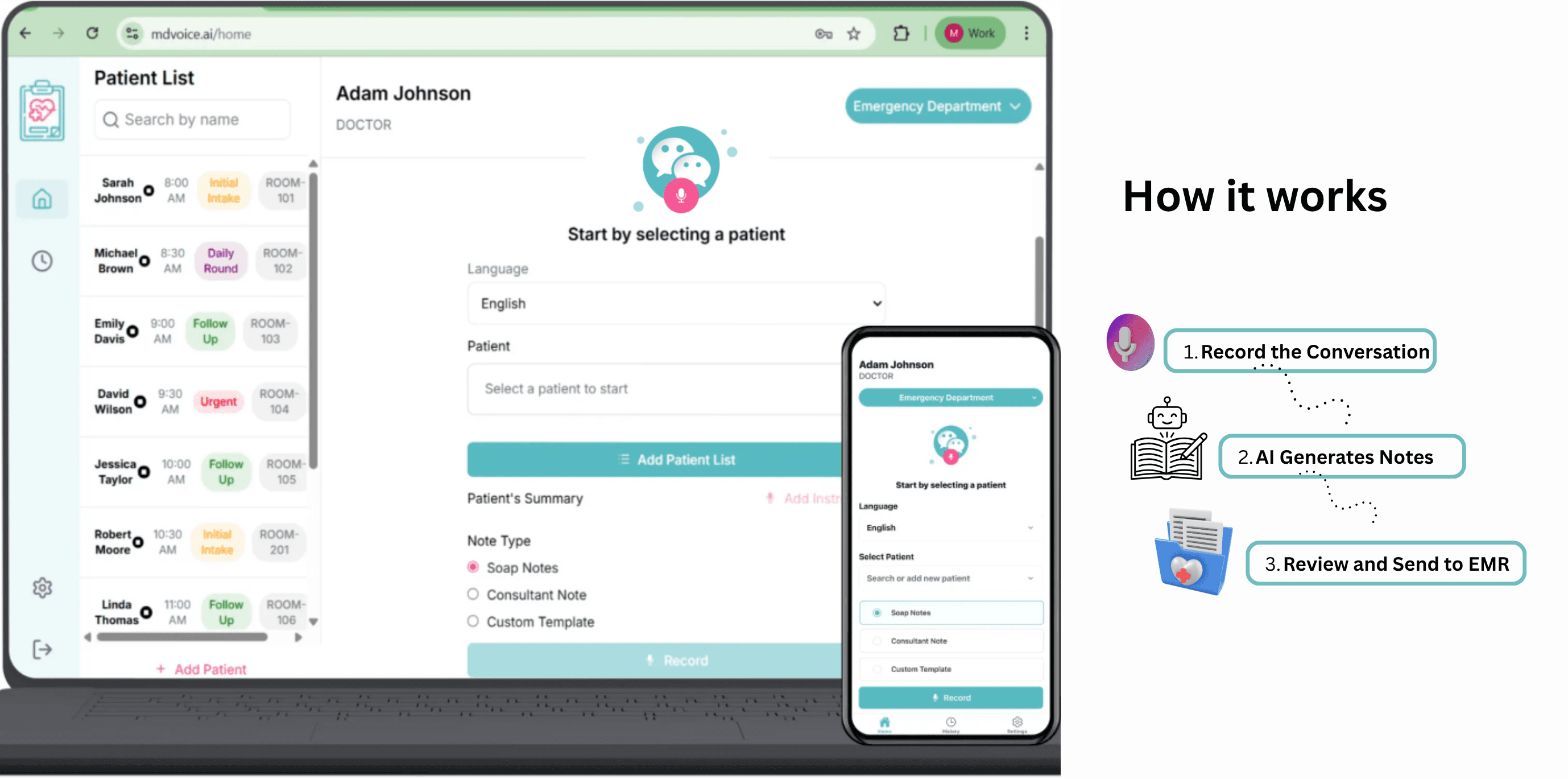 MD Voice AI medical scribe interface — patient list, SOAP notes, and clinical documentation on desktop and mobile