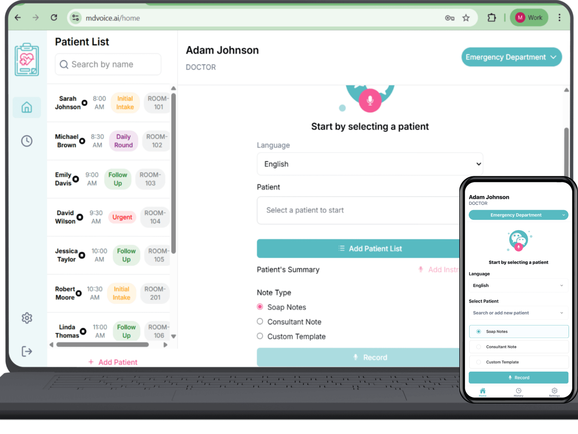 MD Voice AI medical scribe interface — patient list, SOAP notes, and clinical documentation on desktop and mobile